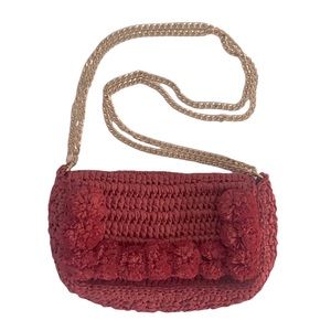 Loft Paper Straw PomPom Shoulder Bag Red Gold NEW
